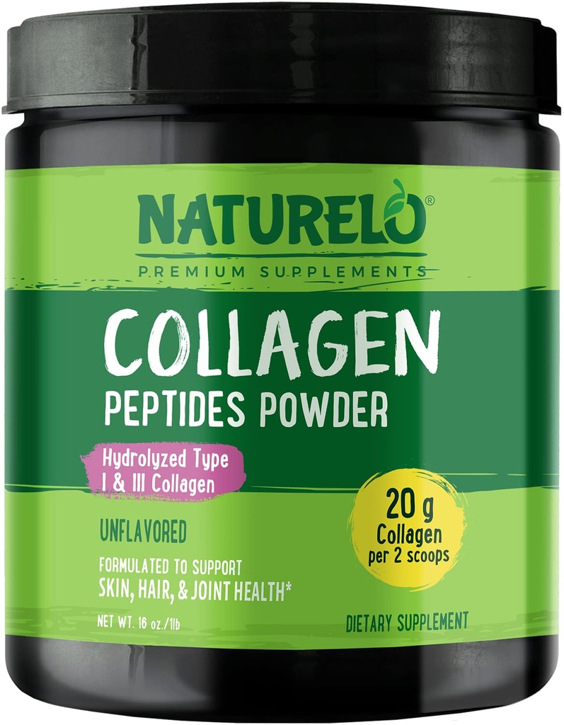 NATURELO Kollagen-Peptid-Pulver, hydrolysiertes Collagen Typ I & III, Haut-Haar & Gelenk-Gesundheit - Unflavored, 16 Unzen | 45 Servietten