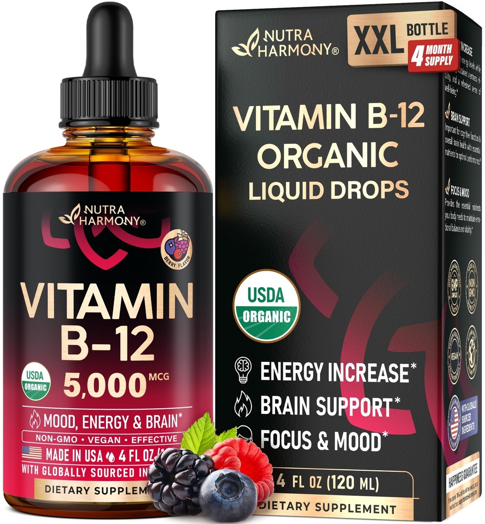 USDA Organic Vitamin B12 Sublingual Drops - 5000 mcg Liquid Vegan Methylcobalamin für Damen und Herren - Energy Boost, Focus & Mood, Brain Health Support - Maximize Absorption - 4 Month Supply, 4 fl oz