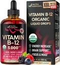 USDA Organic Vitamin B12 Sublingual Drops - 5000 mcg Liquid Vegan Methylcobalamin für Damen und Herren - Energy Boost, Focus & Mood, Brain Health Support - Maximize Absorption - 4 Month Supply, 4 fl oz