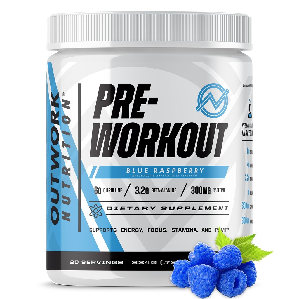 Outwork Nutrition Preworkout für Männer und Frauen - Nootropic Pre Workout ohne Kreatin, Pre-Workout Pulver mit Taurine Rhodiola Citrulline Malate Alanine Caffeine (Blaue Himbeere)