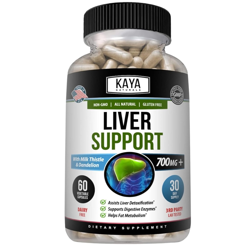 Kaya Naturals Nettoyer le foie Détox & Réparation - Supplément de chardon de lait - Détox du foie pour les femmes et les hommes - Extrait d'artichaut et Capsules de racine de dandelion - 60 Compte