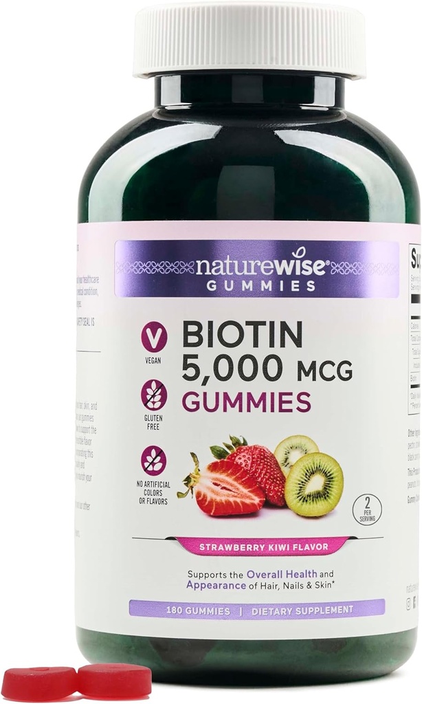 NatureWise Biotin Gummies - Unterstützt gesundes Haar, Haut und starke Nägel - Vitamin B7 5000mcg - Natürliche Schönheit - Erdbeer-Kiwi Flavor - Vegan, Non-GMO, Glutenfrei - 180 Count[90 Day Supply]