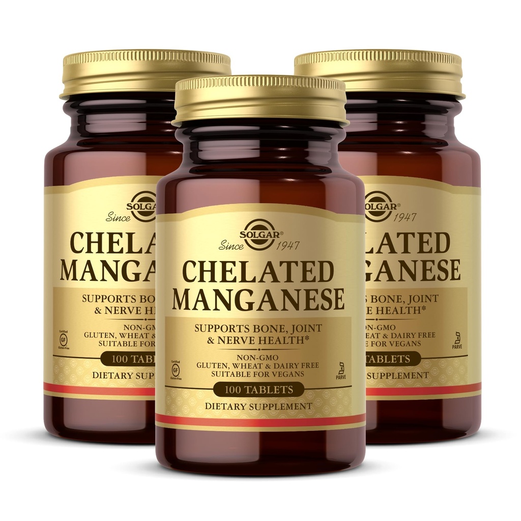 Solgar Manganèse chélaté - 100 comprimés, lot de 2 - Soutient la santé osseuse, articulaire et nerveuse - Non-OGM, végétalien, sans gluten, sans laiterie, sans casher - 200 Total des portions