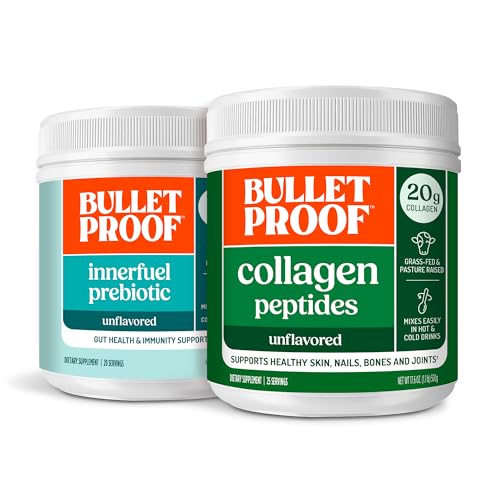 Kit Duo Bulletproof Collagen Peptides Protéines Poudre pour la peau, les os et les articulations — 18g Protéines, 17.6 Oz & InnerFuel Poudre de Fibre Prébiotique pour Gut, Gas Relief, Digestive Health et Immune Support