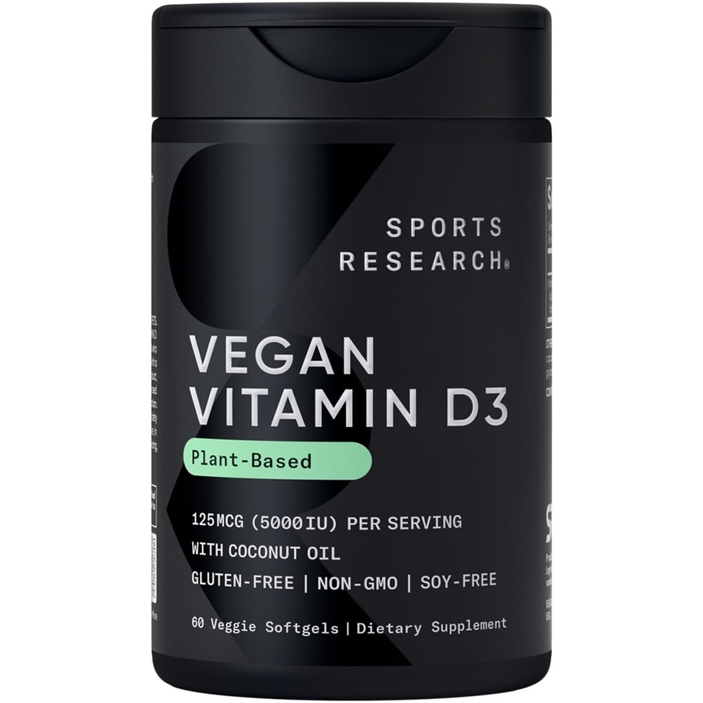 Sportforschung Vegan Vitamin D3 5000IU (125 mcg) mit Kokosöl | 100% pflanzlichen Vitamin D für Knochen, Gelenk- und Immununterstützung | Carrageenan Free, Vegan Certified & Non-GMO Verified (60 Softgels)