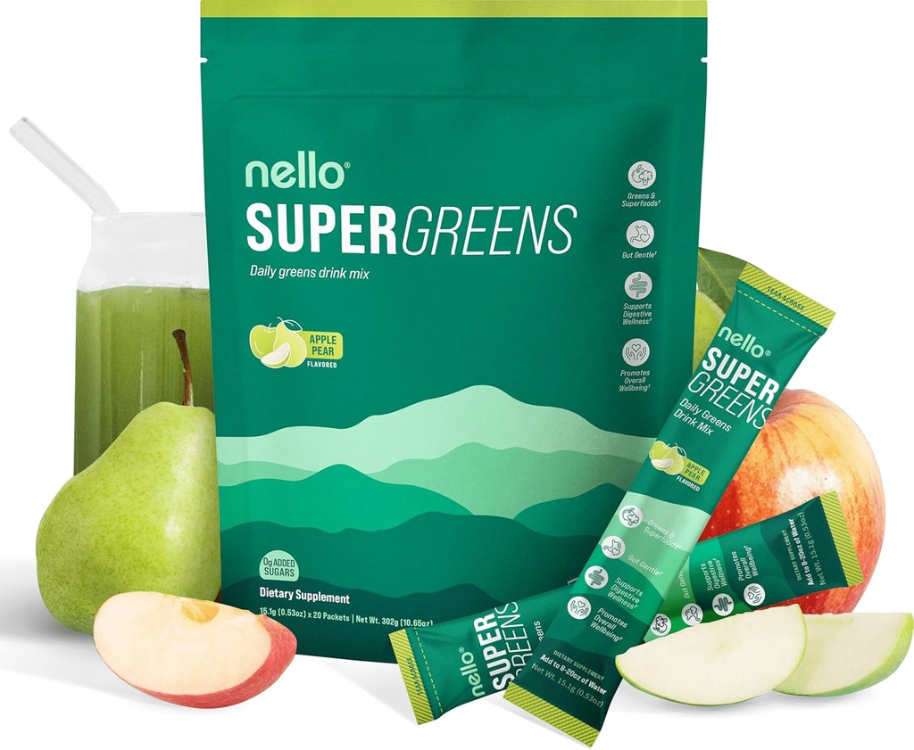 Nello Supergreens Superfood Drink Mix mit Chlorella, Moringa, Spinat, Broccoli, Verdauungsenzyme und Probiotika – Apfelbaum Geschmack, 20 Portionen, Reisepaket