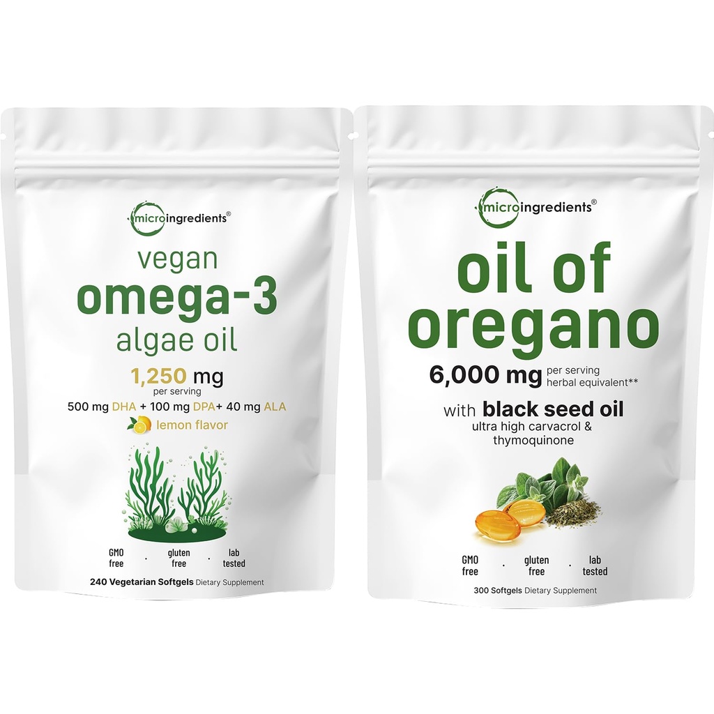 Micro-ingrédients Huile d'Origan Softgels 300 Comte & Vegan Omega 3 Supplément d'huile d'algues Pack 2