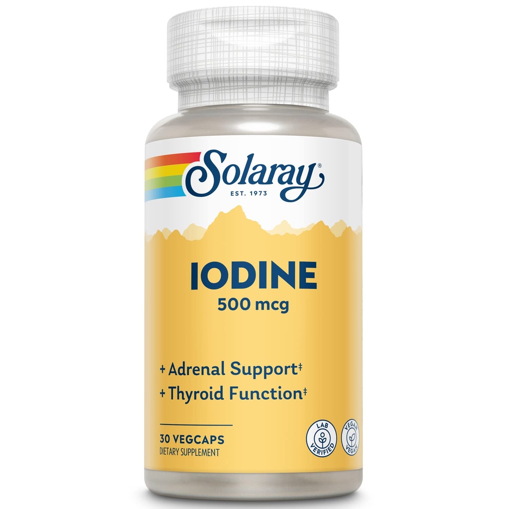 Solaray Iodine 500 mcg, Supplément d'iode pour le soutien arénal et thyroïde sain, énergie, métabolisme et focus, Iodide de potassium, végétalien, garantie de remboursement de 60 jours, 30 portions, 30 VegCaps