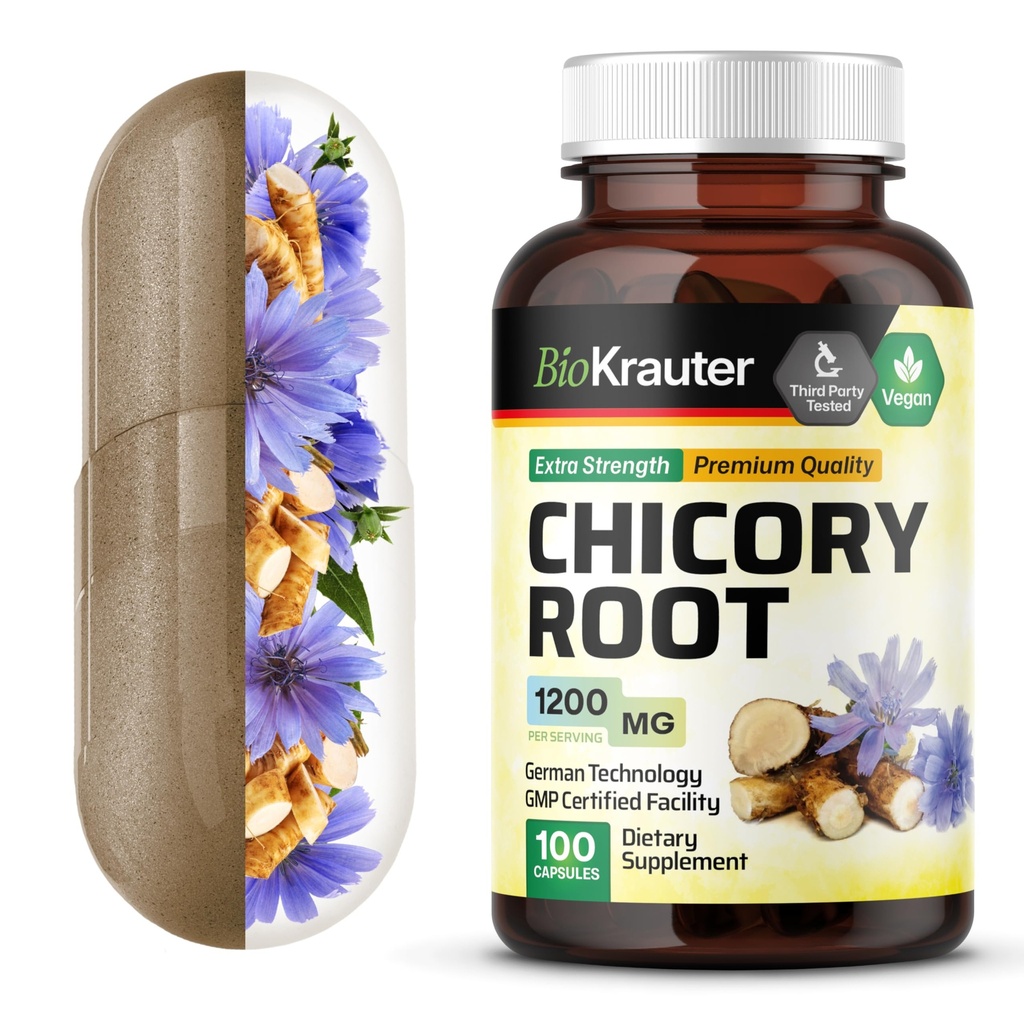Supplément de fibre de chicorée BIO KRAUTER - 1200 mg Résistance - 100 Compte - Poudre de racine de chicorée - Capsules d'inuline pour support digestif - Vegan