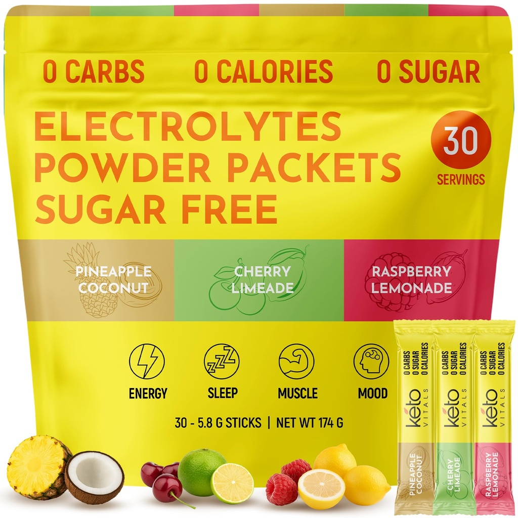 Keto Vitals Tropical Keto Elektrolyte Pulver Kein Zucker - Elektrolyte mit Kalium, Magnesium, Natrium, & Calcium - Zuckerfreie Elektrolyt-Pulver-Packets Trinkmischung & Hydration-Pulver, 30 Portionen