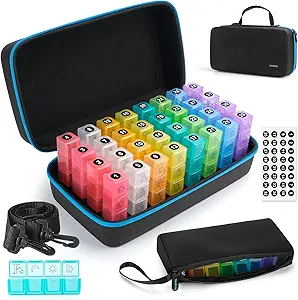 Yewltvep Monthly Pill Organizer 4 fois par jour, Pill Box Organizer avec 32 compartiments quotidiens, 30 jours Pill Organizer 4 fois par jour Holder avec Hard Shell Travel Case+Weekly Pill Bag 4 fois par jour