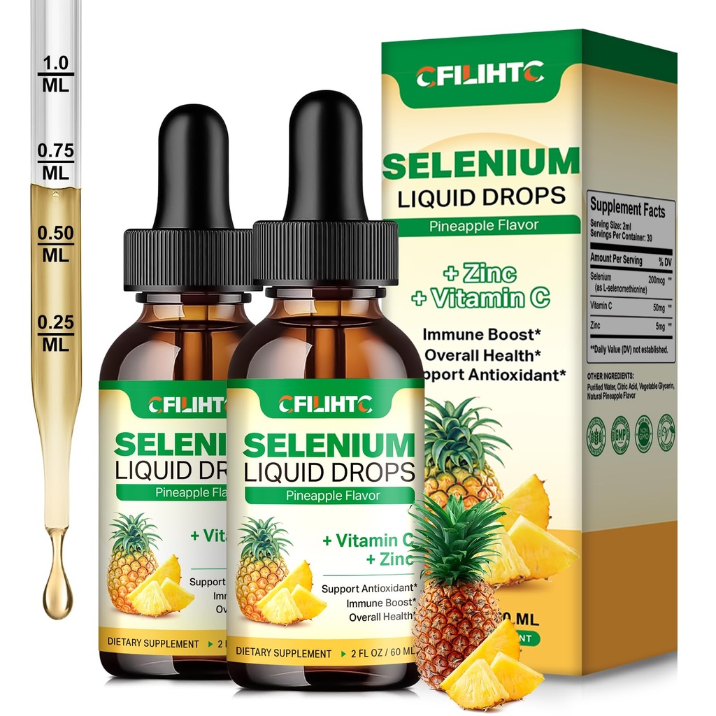 2 paquets de gouttes liquides de sélénium, 200 mcg de supplément de sélénium liquide avec vitamine C et zinc, soutien du système immunitaire, antioxydant et santé cardiaque, haute absorption, ananas