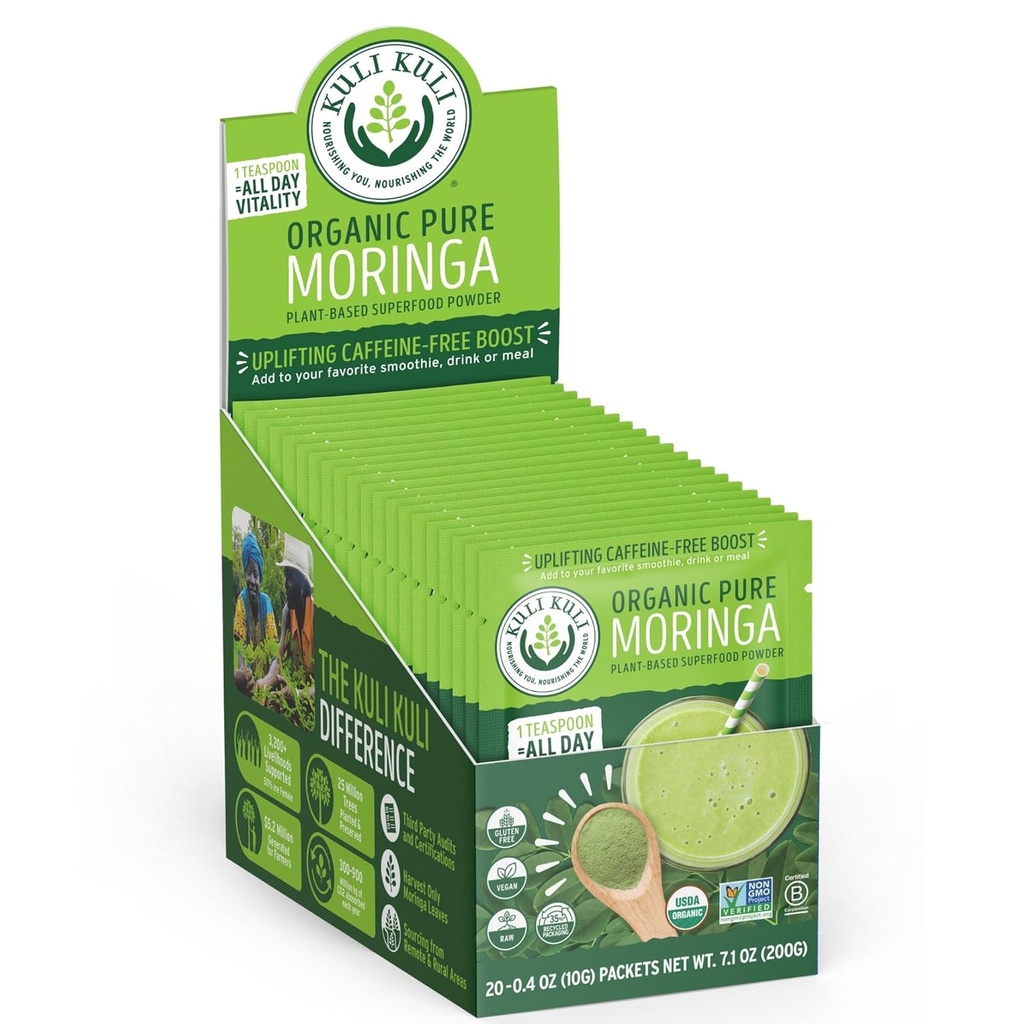 Kuli Kuli Moringa Oleifera Bio Blatt Pulver & Grün Smoothie, 100% reine USDA Certified & Non-GMO Moringa Pulver, Groß mit Glatteien, Tee und Lebensmittel, 0.4 Unze, Pack of 20 (KK PM)