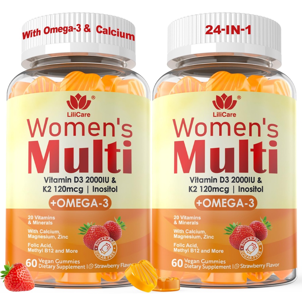 Frauen Multivitamin Gummy mit Omega 3(DHA/EPA), Vitamin D3 K2, Calcium, Inositol, Tägliche Frauen Vitamin A C E B Complex, L-MethylFolate, Methyl B12,Sugar freie methylierte Multivitamine Mineralien, 120Cts