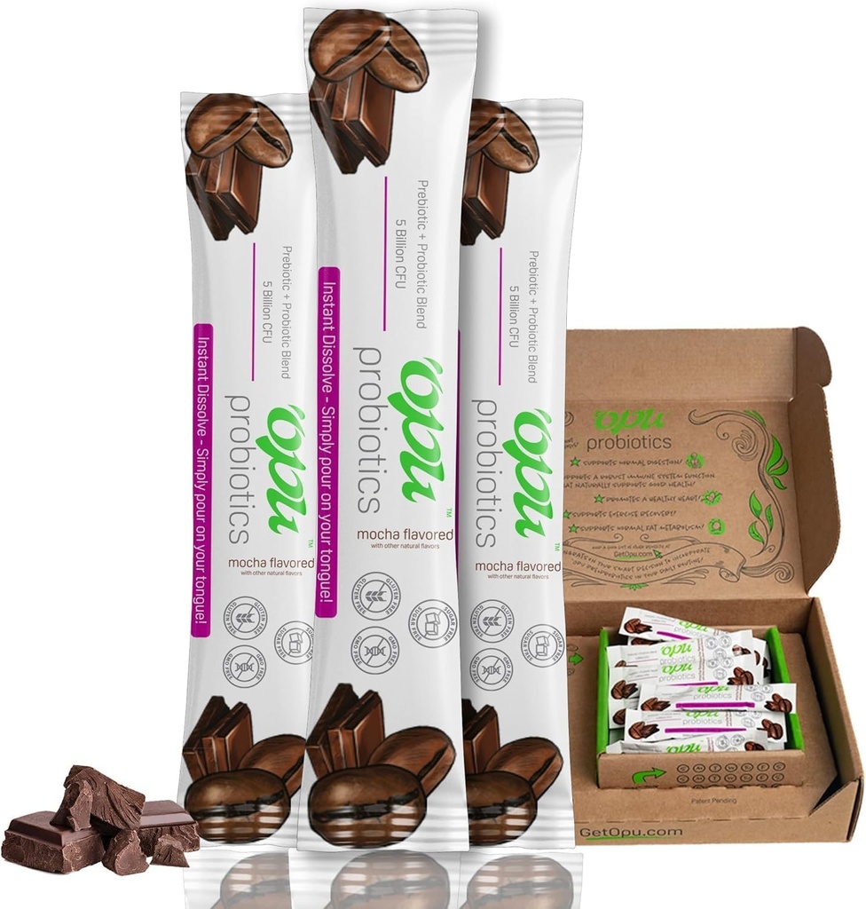'Opu Probiotics Mocha Instant-Dissolve - One Month Supply - 5 Billion CFU's - Männer, Frauen und Kinder w/Prebiotics Sugar Free, Gluten Free, Non GMO