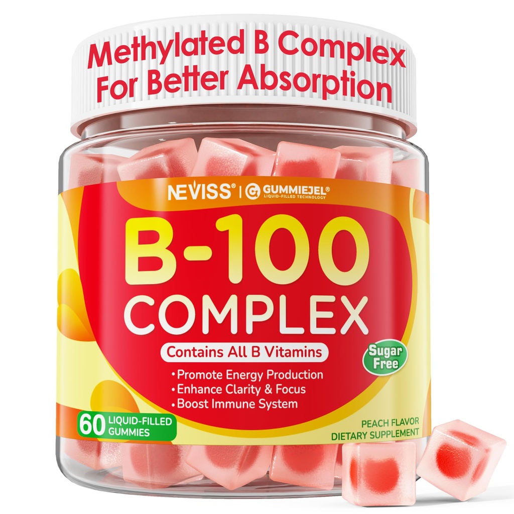 Super Vitamin B Complex Gummies - Alle B Vitamine einschließlich Methyl B12, B1, B2, B3, B5, B6, Biotin, Methylfolat mit Vitamin C, Choline, Inositol, PABA für Energie, Gehirn & Immununterstützung, Sugar Free