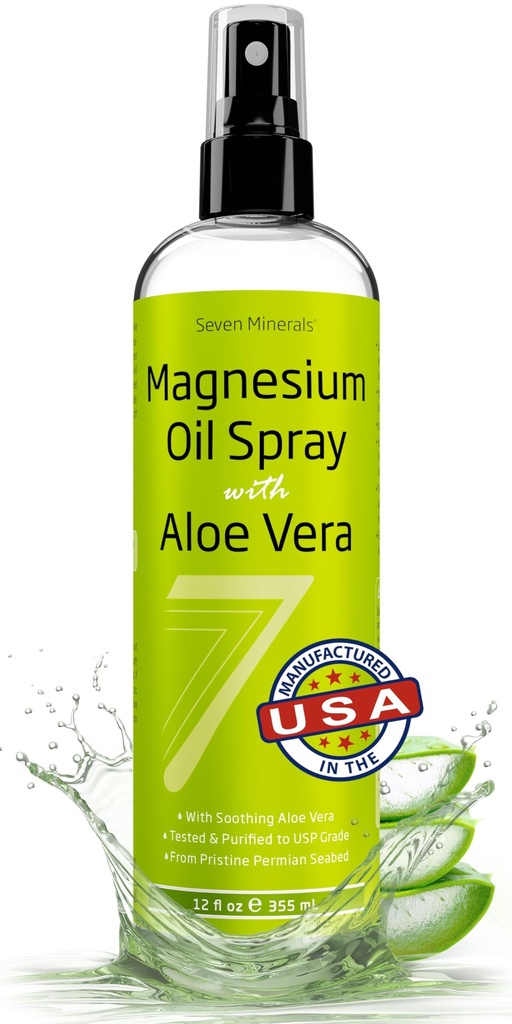 Seven Minerals Pure Magnesium Öl Spray mit Aloe Vera 12oz - Pharma (USP) Grad, Höchste Stärke mit sofortiger Entlastung für Füße, Schlaf, Muskelschmerzen & Krebse - Mined in den USA