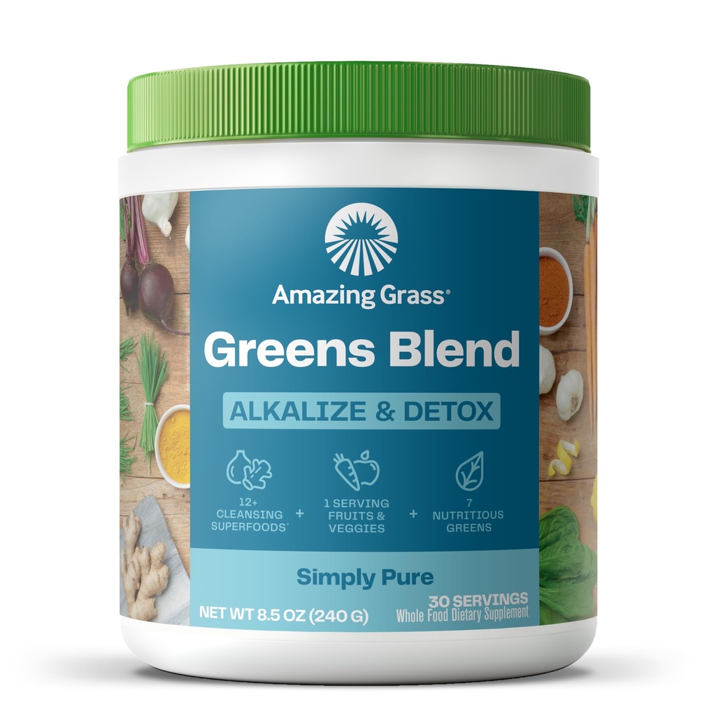 Amazing Grass Greens Blend Alkalize & Detox: Smoothie Mix, Nettoyer avec Super Greens & Beet Root Powder, Enzymes digestifs, Prébiotiques & Probiotiques, 30 portions (Emballage May Vary)