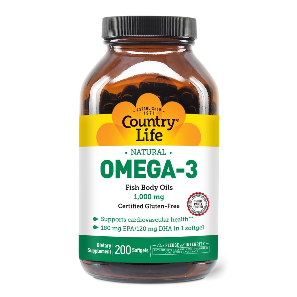 Country Life Omega-3 Supplément huile de poisson, 1000mg, 180mg EPA et 120mg DHA, concentré huile de poisson, sans Burpless, 200 Softgels, certifié sans gluten