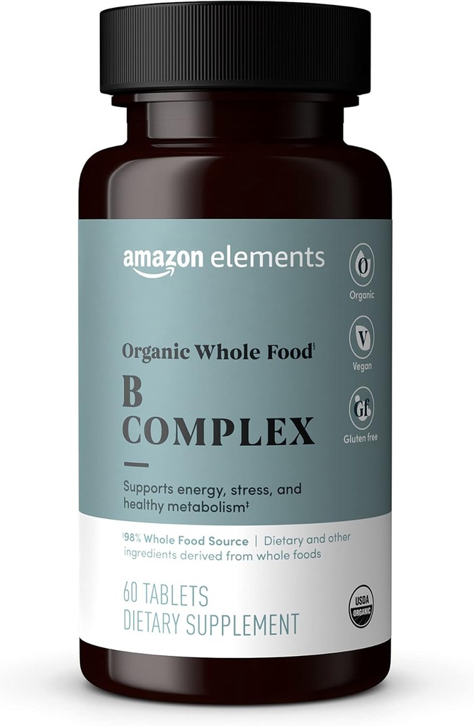 Amazon Elements Bio Ganzes Essen B Complex, 98% Ganze Nahrungsquelle, Nahrungs- und andere Zutaten, die sich aus ganzen Lebensmitteln, 60 Tabletten