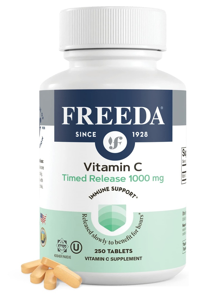 FREEDA Vitamin C - Timed Release 1000mg – Slow-Release für All-Day Immun- & Antioxidant-Unterstützung, Gentle on Stomach, Kosher & Vegan, High-Absorption Tabletten (250 Tabletten)