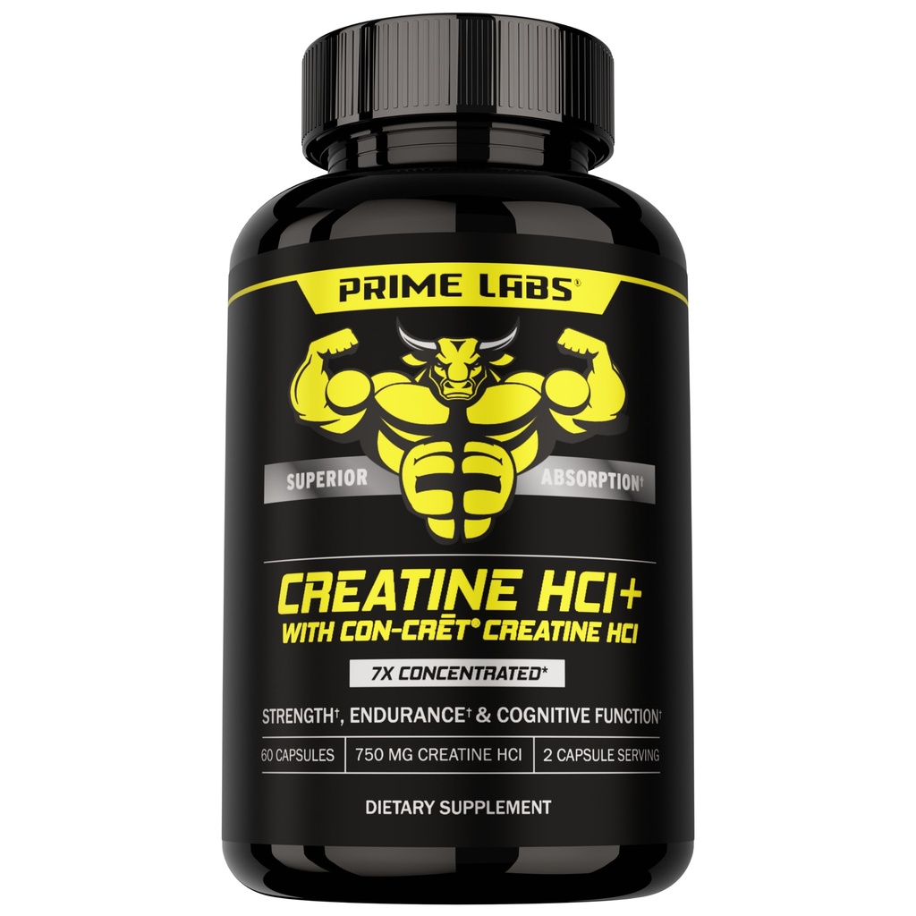 Prime Labs Creatine HCl Kapseln - mit CON-CRŽT®, Rhodiola Wurzelextrakt, & L-Theanin - Muskelunterstützung, Ausdauer, kognitive Funktion - für Männer & Frauen - 60 Pillen