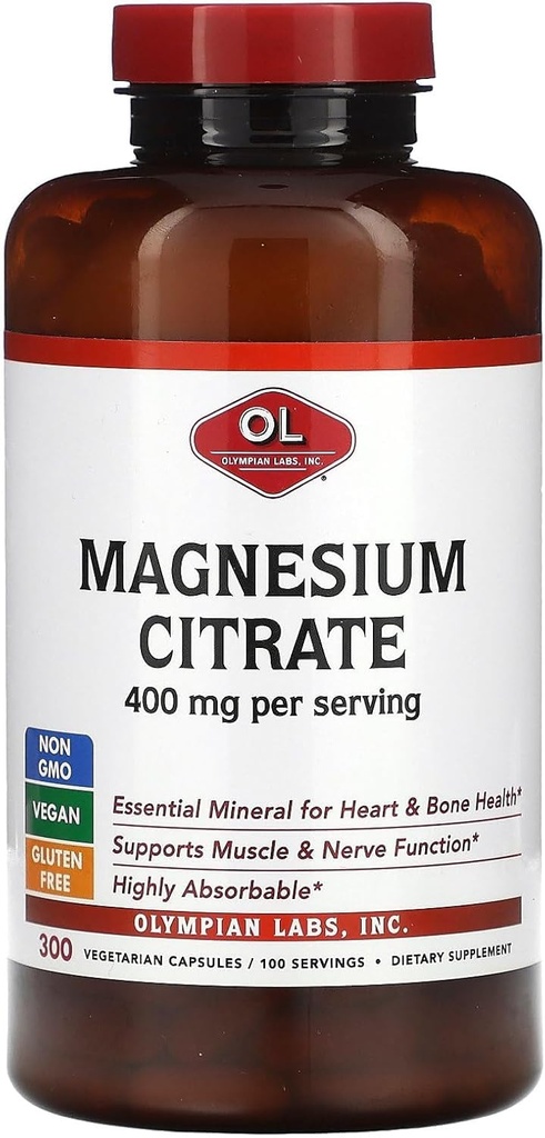 Olympian Labs Magnesium Citrate 400mg - 300 Kapseln - Einfach absorbierbar, Unterstützt gesunde Knochen, gesunde Herz und Calciumabsorption