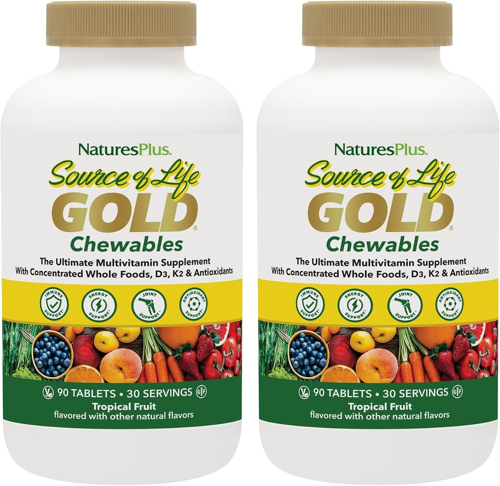 NaturesPlus Source de vie Multivitamine d'or - 90 comprimés à croquer, boîte de 2 - avec des vitamines D3, B12, K2 et plus de 120 aliments entiers - sang, os et immunosupport - sans gluten - 60 portions totales