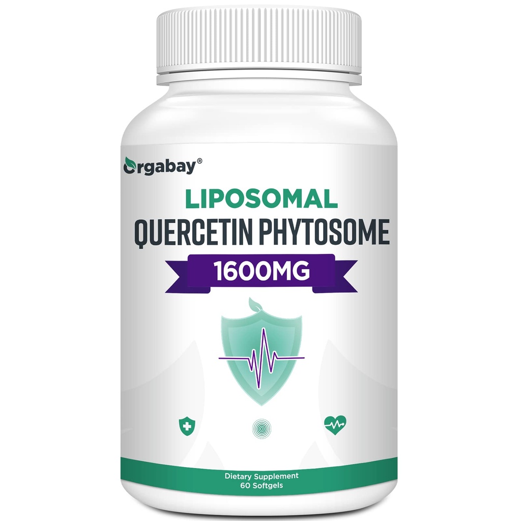 Orgabay Liposomique Quercetin Phytosome 1600 mg,Bromelain 200mg,Zinc 30mg,Vitamine C Turmère 40 mg,Absorption la plus élevée,Complexe de Quercetine, 60 Softgels