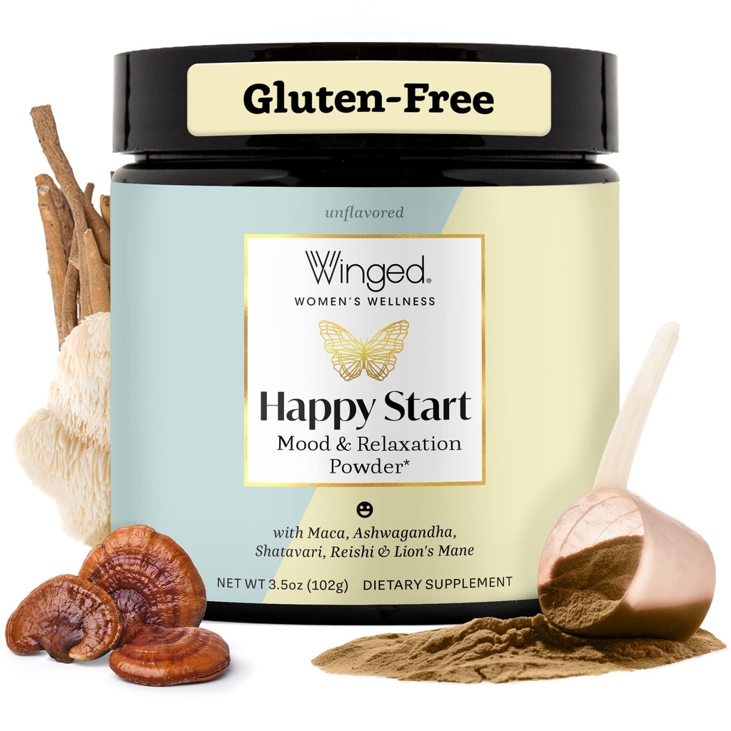 Winged Wellness Happy Start, Mood Boosting Drink Mix Powder for Women - Happy Mind & Hormonal Health, Mood Support Supplement with Red Maca, Ashwagandha, Mushrooms & Shatavari