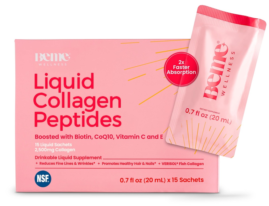BeMe Peptide de collagène liquide BeRadiant pour cheveux, peau et ongles avec 2X Absorption plus rapide – testé cliniquement – suppléments de collagène hydrolysés Verisol 2500mg pour les femmes avec biotine, CoQ10 et vitamine C