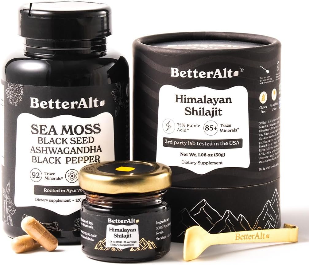 Besser Alt Shilajit Resin 30 gm & Sea Moss Capsules Energy Duo| Pure Himalayan Shilajit Gold Grade für Männer & Frauen mit hoher Potenz & Irish Sea Moss mit schwarzem Seed Öl