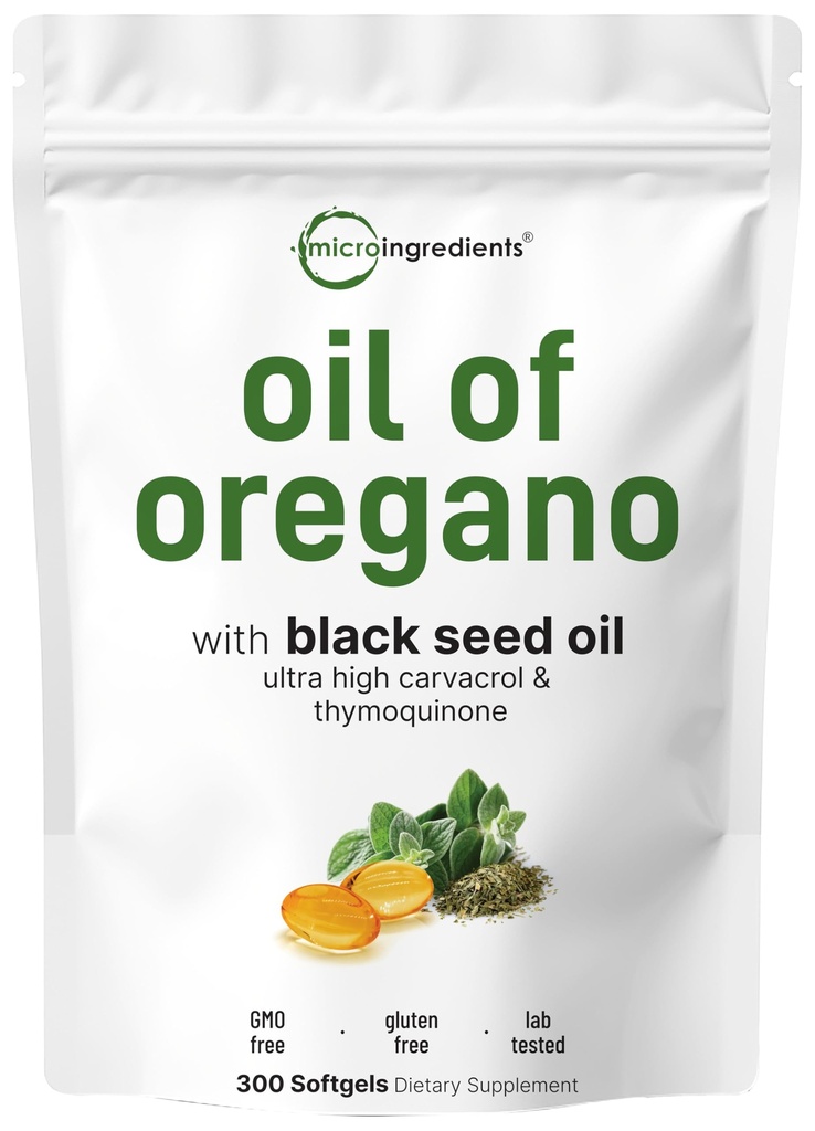 Micro-ingrédients Huile de softgels d'Origan, 300 Count, 2 en 1 Formulé avec de l'huile de graines noires, 4X Strength Carvacrol & Thymoquinone.