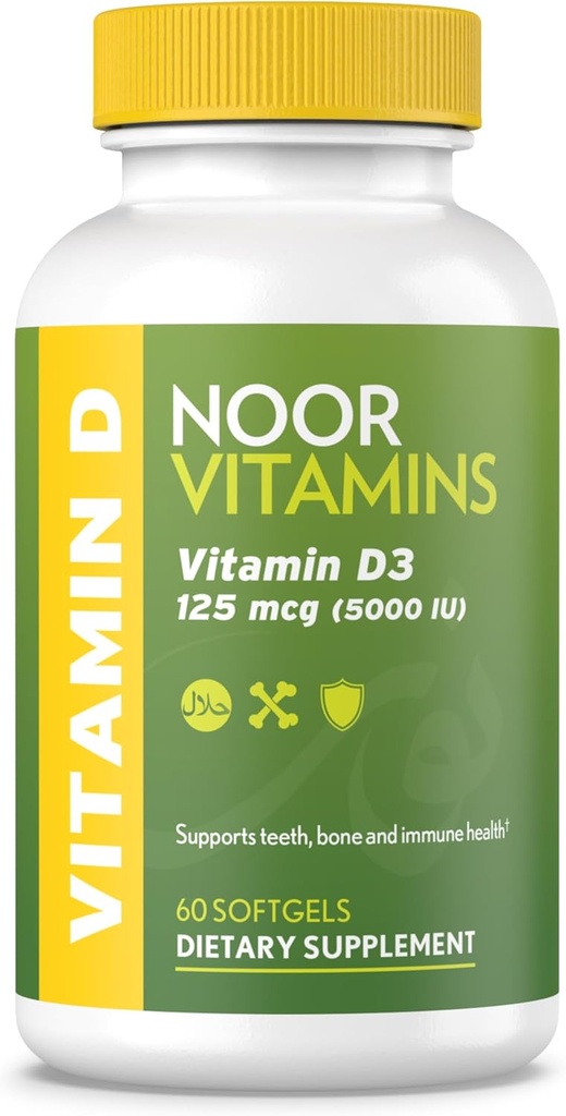 Noor Vitamine Halal Vitamin D, Halal Vitamin D3, 5000 IU Softgels, unterstützt Knochen, Immun- und Herzgesundheit, von Safflower Oil bis zur Maximierung der Absorption, Non-GMO, Gluten Free & Halal (60 Count)...