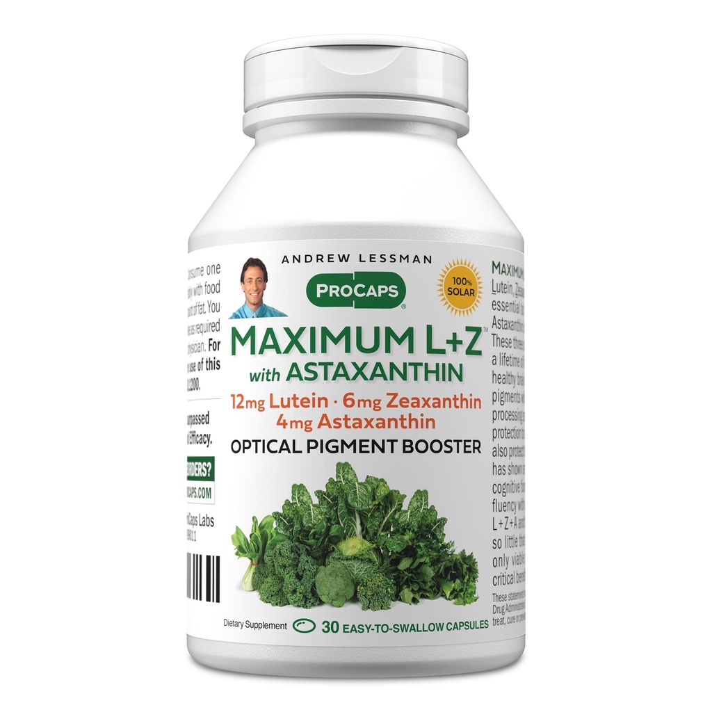 ANDREW MOINSMAN Maximum L+Z avec Astaxanthin 30 Softgels - 12mg Lutéine, 6mg Zeaxanthin, 4mg Astaxanthin. Éléments nutritifs clés pour appuyer la santé des yeux et du cerveau et promouvoir une vision saine.