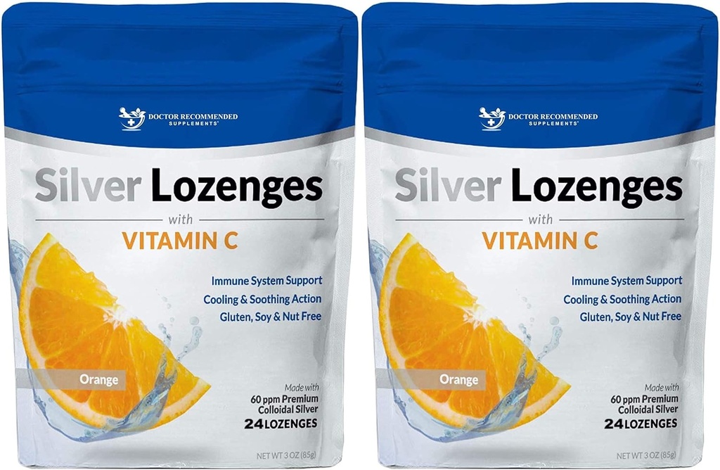 Argent Lozanges avec Vitamine C - Premium Nano Silver 60 PPM Colloïdal Argent, Miel organique et supplément minéral vitamine C gouttes pour soutenir le système immunitaire, Soothe Cough & Gorge - Pack de 2