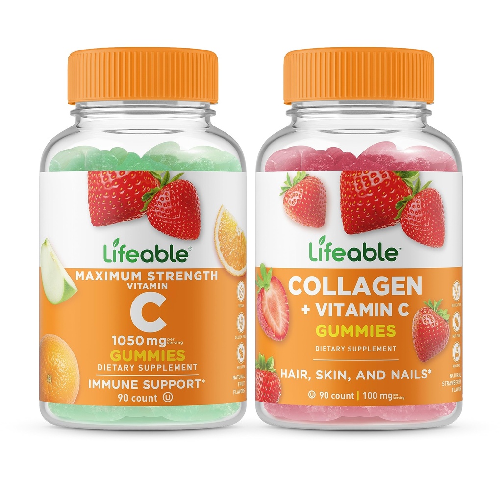 Lebensfähiges Vitamin C 1050mg + Collagen & Vitamin C, Gummis Bundle - Große Verkostung, Vitamin-Ergänzung, Glutenfrei, GVOfrei, Kaugummi