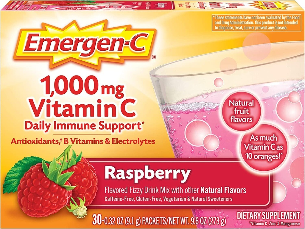 Alacer Emergen-C Vitamine C Mélange de boissons gazeuses framboise - 1000 Mg - 30 paquets