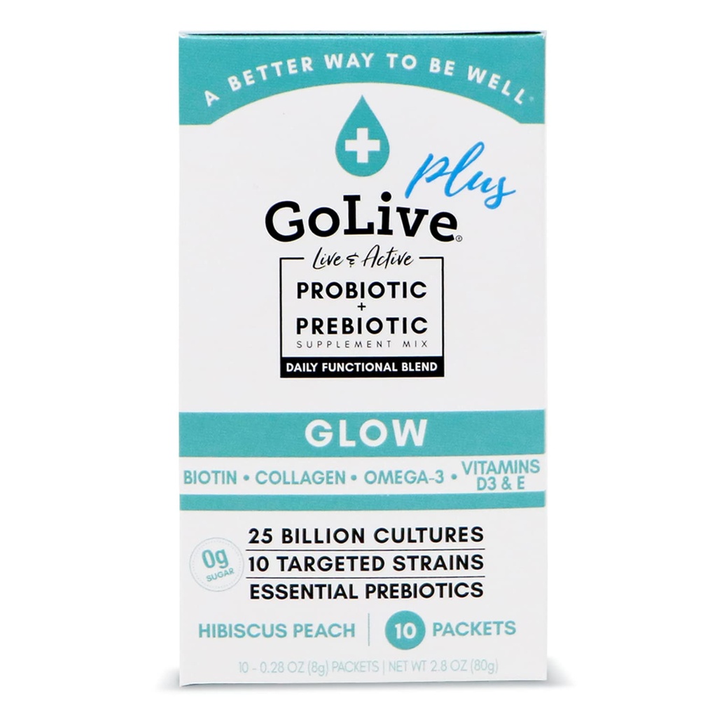 GoLive Probiotics & Prebiotics für Frauen und Männer Glow für Schönheit, Zuckerfreies synbiotisches Pulver. +25 Bllion CFUs; 10 Klinische Strains für gesunde, immune & Verdauungsgesundheit, 10 Count (Pack von 1)