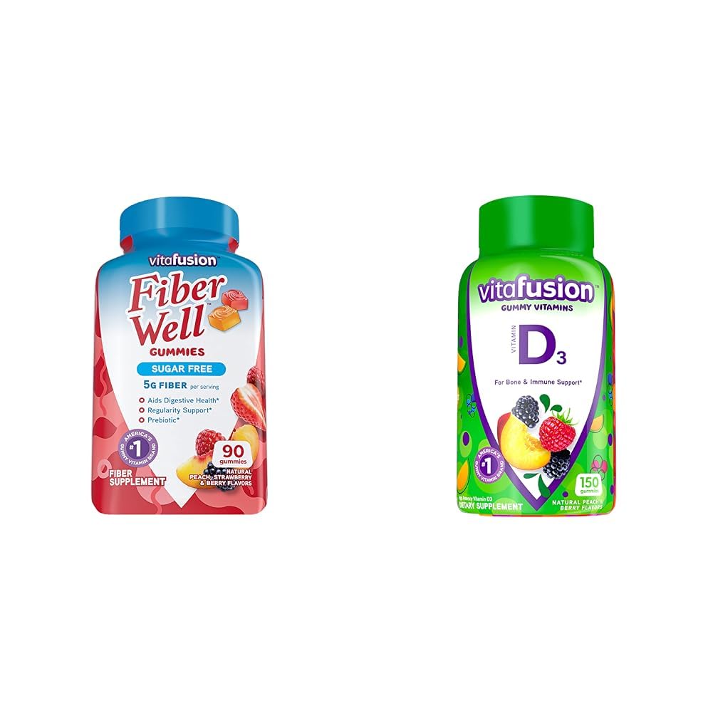 Vitafusion Fiber Well Sugar Free Fiber Supplement & Vitamin D3 Gummy Vitamine für Knochen und Immunsystem Unterstützung, Peach, Blackberry und Strawberry Flavored, 50 mcg Vitamin D, 75 Tage Versorgung, 150 Count