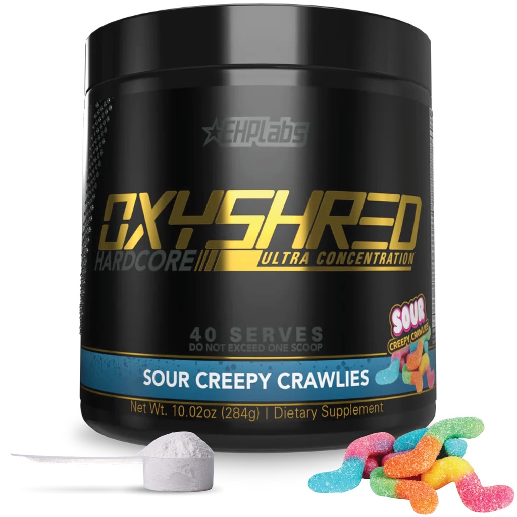 EHP Labs OxyShred Hardcore Super Dosed Pre Workout Powder - Preworkout Powder mit L Glutamine & Acetyl L Carnitin, Energy Boost Drink - 275mg Koffein - Sauere Krawler, 40 Servierungen