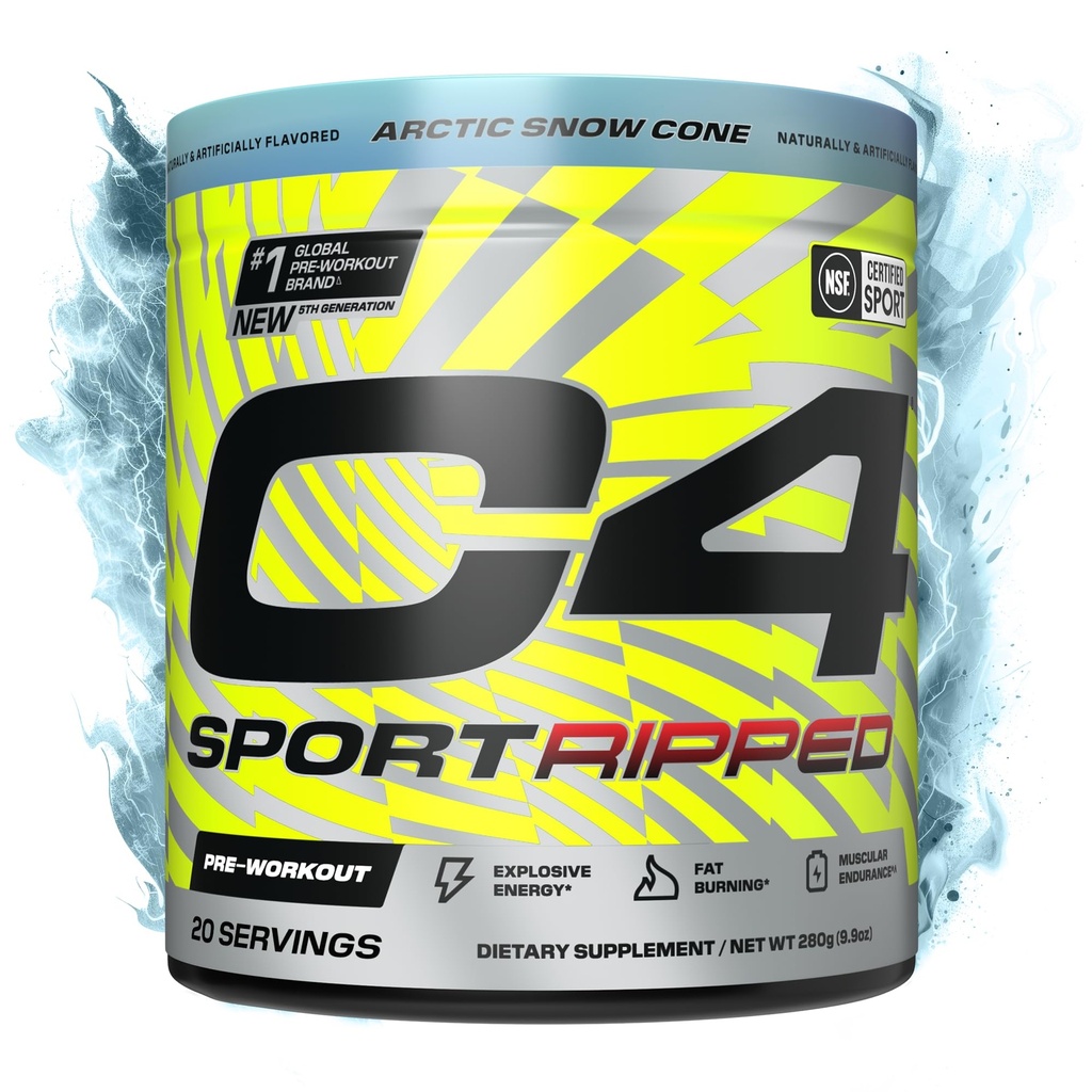 Cellucor C4 Ripped Sport Pre Workout Powder - NSF Certified for Sport - 200mg Caféine + Cayenne Extrait + Carnitine Tartrate + Beta-Alanine - Artic Snow Cone, 20 portions
