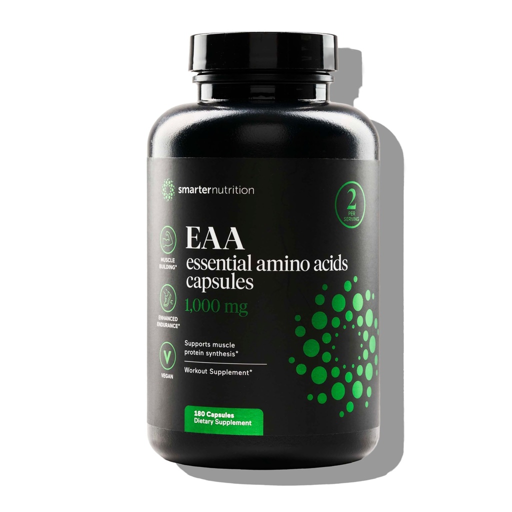 SMARTERNUTRITION Ätherische Aminosäuren (EAA) Kapseln - 1 Gramm pro Servierung aller 9 LFs - Unterstützt Muskelmasse & Übung - Non-GMO, Vegan, Glutenfrei - 180 Count[90-Day Supply]