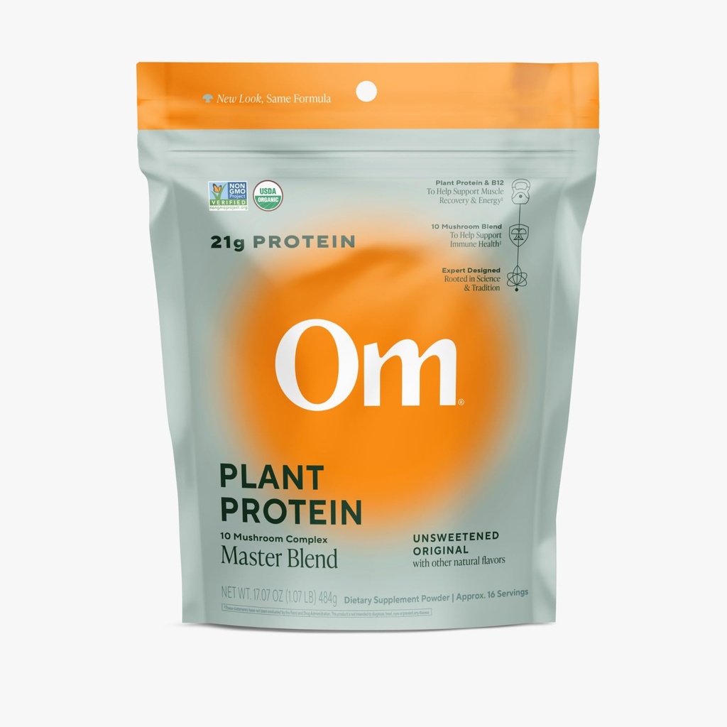 OM MUSHROOM SUPERFOOD Master Blend Pflanzenbasiertes Proteinpulver (Resealable Bag (16 Servietten), Unflavored Protein)
