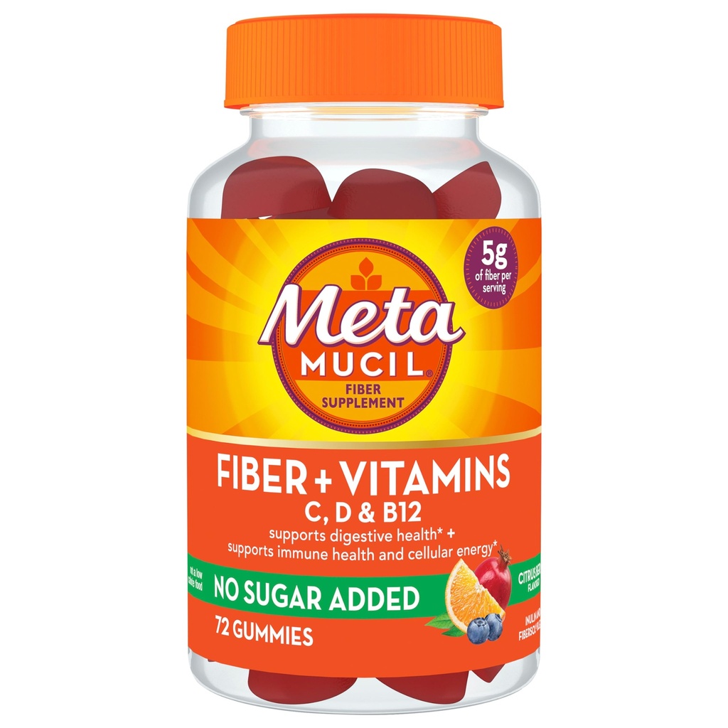 Métamucil Fiber Suplement 72 Gommies, Fibre + Vitamines C,D & B12 pas de sucre ajouté, soutien guérisseur digestif + soutien immunitaire santé, Citrus Berry Flavor.