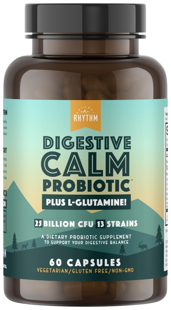 Rhythme naturel Probiotique calmant digestif (plus L-glutamine) 25 milliards CFU et 13 souches. - Soutien naturel pour une meilleure digestion - pour Bloating & Constipation + Gas Relief & Fuite Gut - 60 capsules.