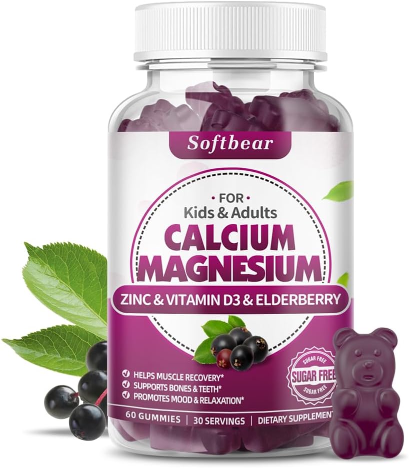 softbear Calcium Magnesium Zink-Gummi für Frauen, hohe Absorption Calcium Magnesium-Ergänzung für Knochenstärke, Zuckerfrei, Vegan, Elderberry Flavor 60 Gummies