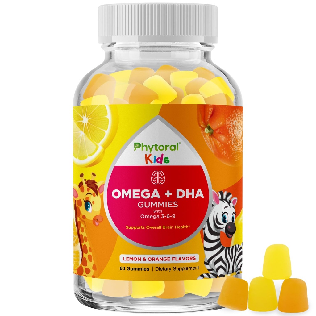 Kids Omega und DHA Gummis - Fatty Acids Omega 3 6 9 mit Vitamin C für Vision - Nutritional DHA für Kinder für gesundes Nervous System & Focus Support - Fish Free - 60 Count