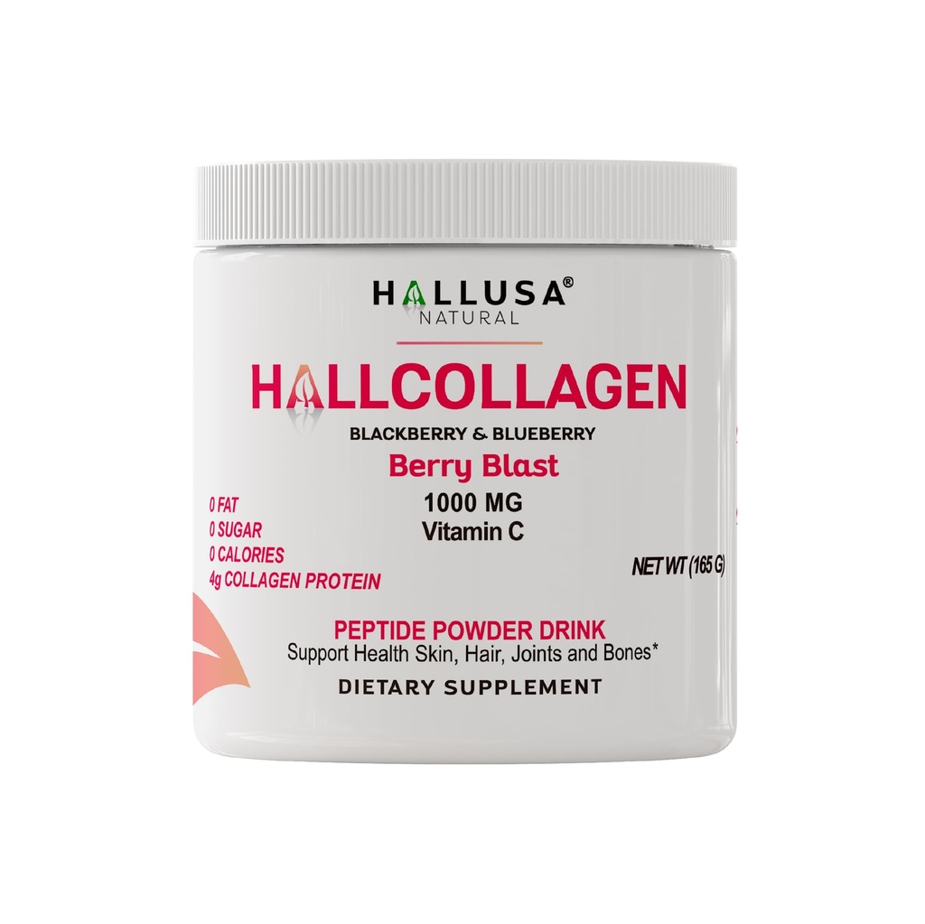 Hallusa Natural Hydrolyzed Collagen Peptides Powder 1000mg mit Vitamin C | BlackBerry & Blueberry Flavor | 4g Collagen per Serving | Gesundes Haar, Haut, Nägel, Knochen & Gelenkunterstützung