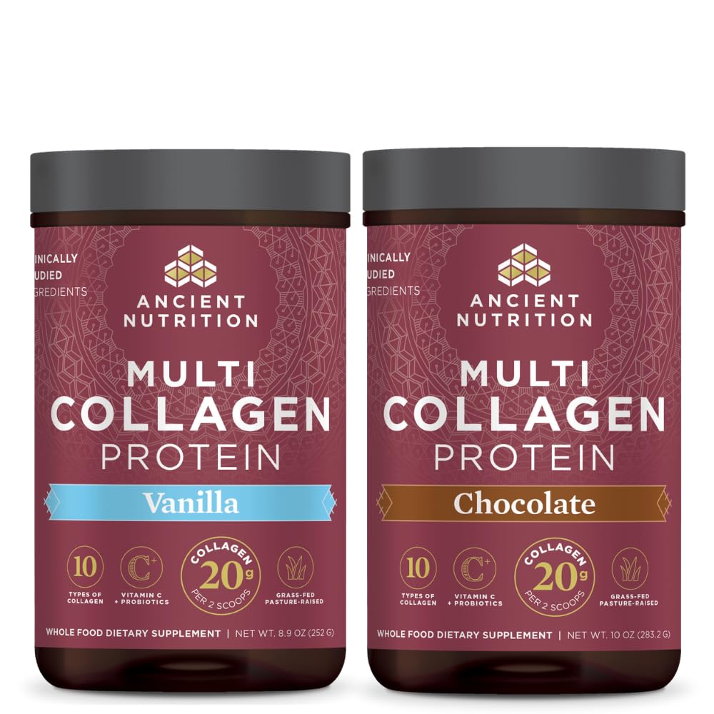 Nutrition ancienne Poudre de protéines multicollagène, Vanille, 24 portions + Poudre de protéines multicollagène, Chocolat, 24 portions